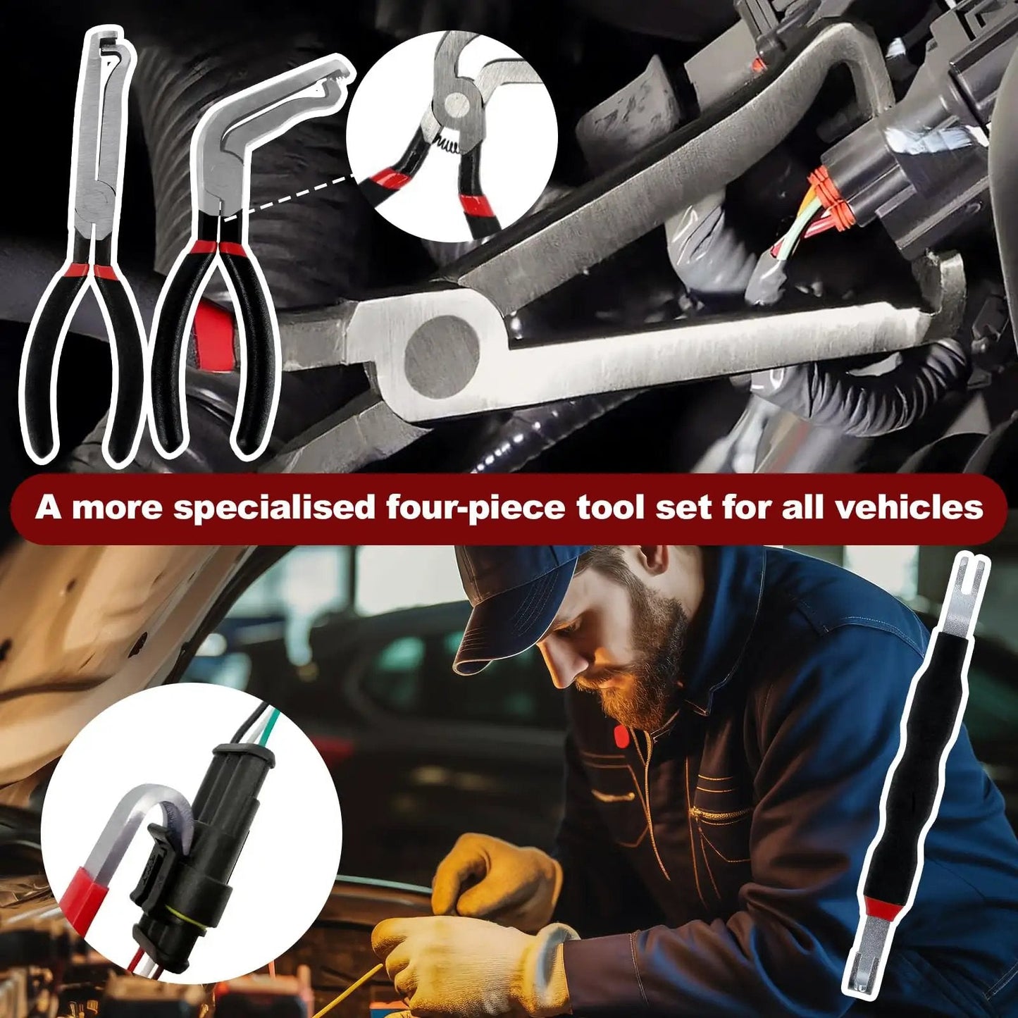 4 Piece Automotive Electrical Disconnect Pliers Set 37960 Straight 37980 60 Degree 13120 Dual Head Carbon Steel tools in use.