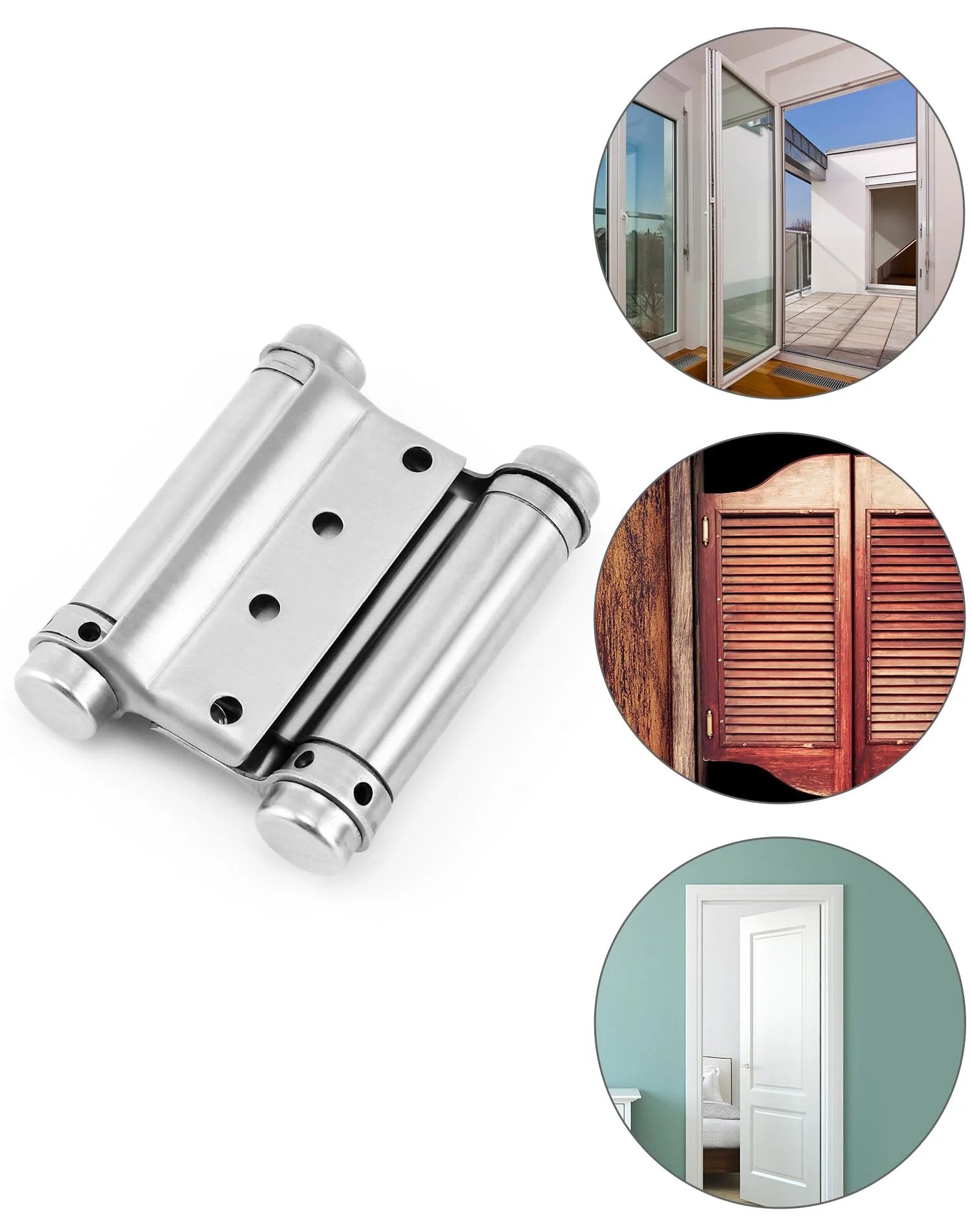 Rugged Heavy Duty Double Acting Door Hinges For Cafe Saloon Doors Self Closing 3 Inch Stainless Steel 201 Brushed Finish 4 Pack For 30 To 35mm Thick Doors Up To 16.5 Lbs Per Hinge QWORK displayed with door examples