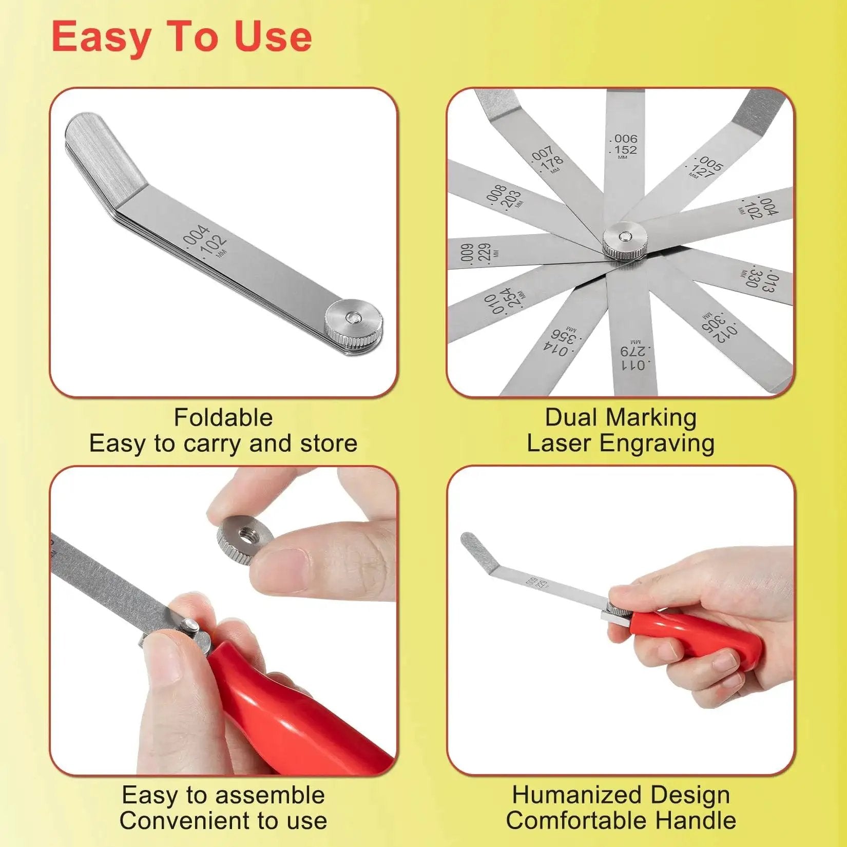 Offset Valve Tappet Gauge Set featuring two handles and 11 blade sizes for valve lash adjustment, showing foldable and red handle.