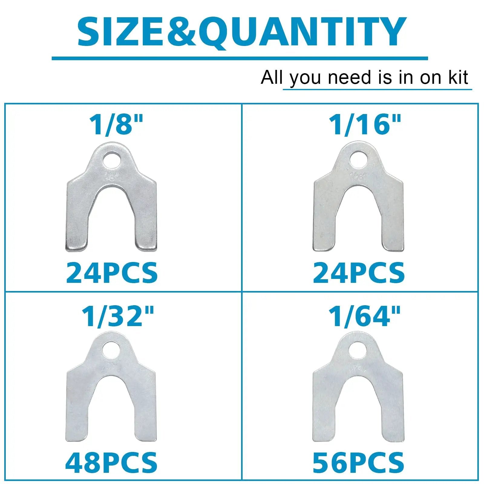 152 Piece Auto Alignment Shims Kit For Car Body And Suspension Adjustment With Zinc Plated Spacers In 1/64 1/32 1/16 1/8 Inch Sets