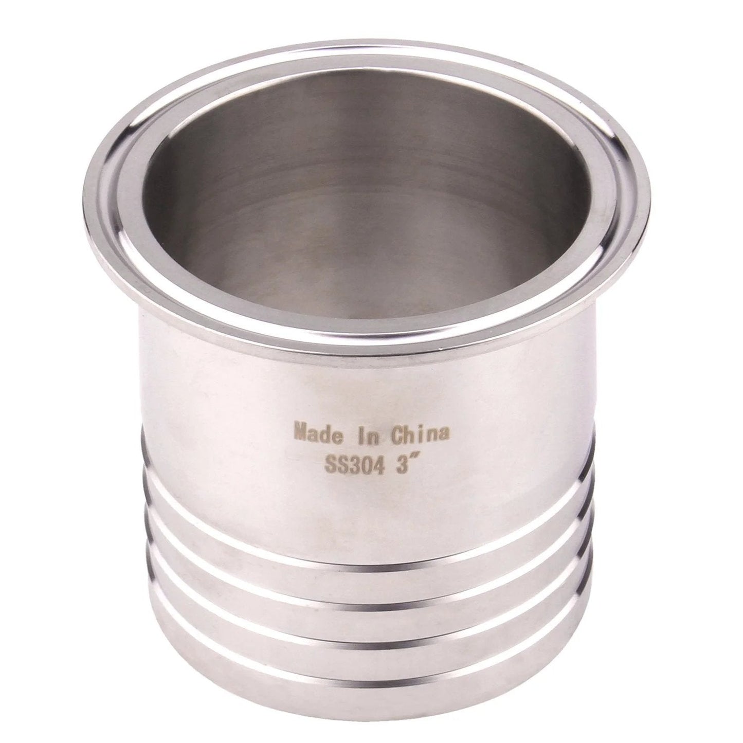 Close-up of Three Inch Tri Clamp To Three Inch Hose Barbed Adapter SUS304 Stainless Sanitary Hose Pipe Fitting For Rubber Hoses And TPU Or Plastic Hoses With Barbed Ends For Tight Seal DERNORD.