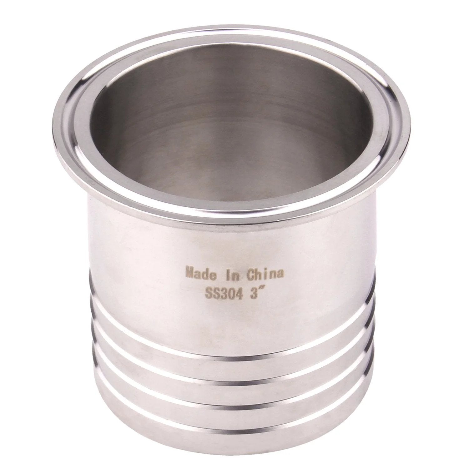 Close-up of Three Inch Tri Clamp To Three Inch Hose Barbed Adapter SUS304 Stainless Sanitary Hose Pipe Fitting For Rubber Hoses And TPU Or Plastic Hoses With Barbed Ends For Tight Seal DERNORD.