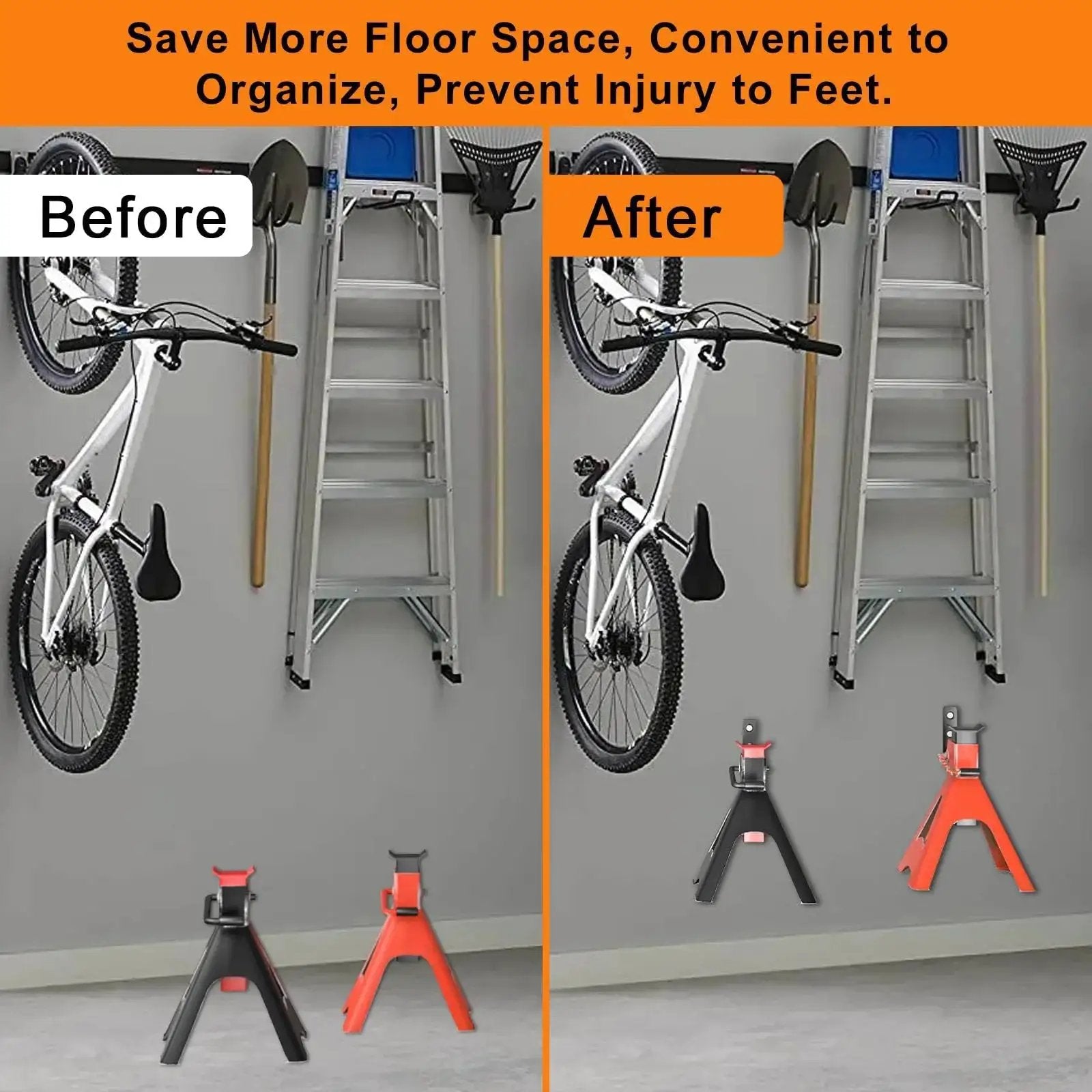 Jack Stands Wall Mount Organizer For Heavy Duty Garage Hooks Fits 2 To 6 Ton shown in before and after use in garage