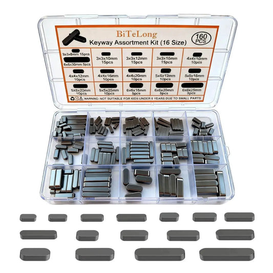 Woodruff Key Assortment Set 160 pcs 15 sizes displayed in open case showing metal keys for engines and gearheads
