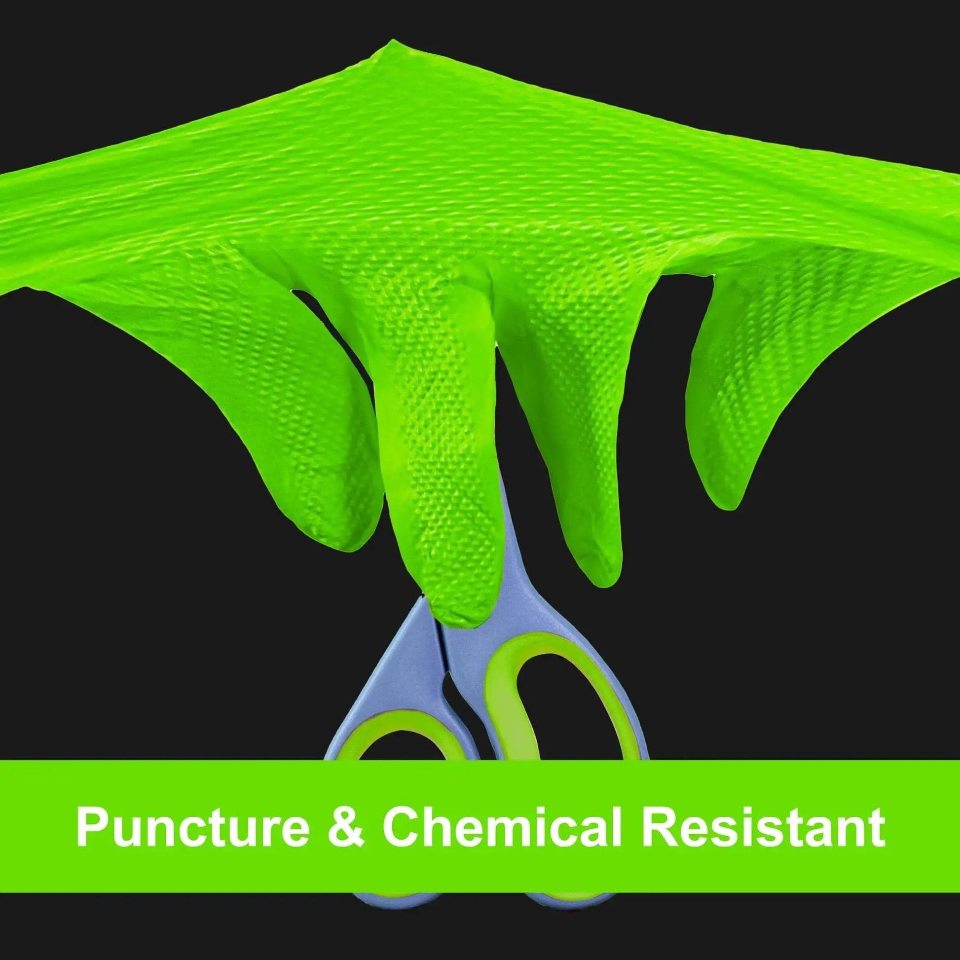 Green Nitrile Mechanic Gloves 8 Mil Heavy Duty Raised Diamond Grip Latex Free stretched over scissors
