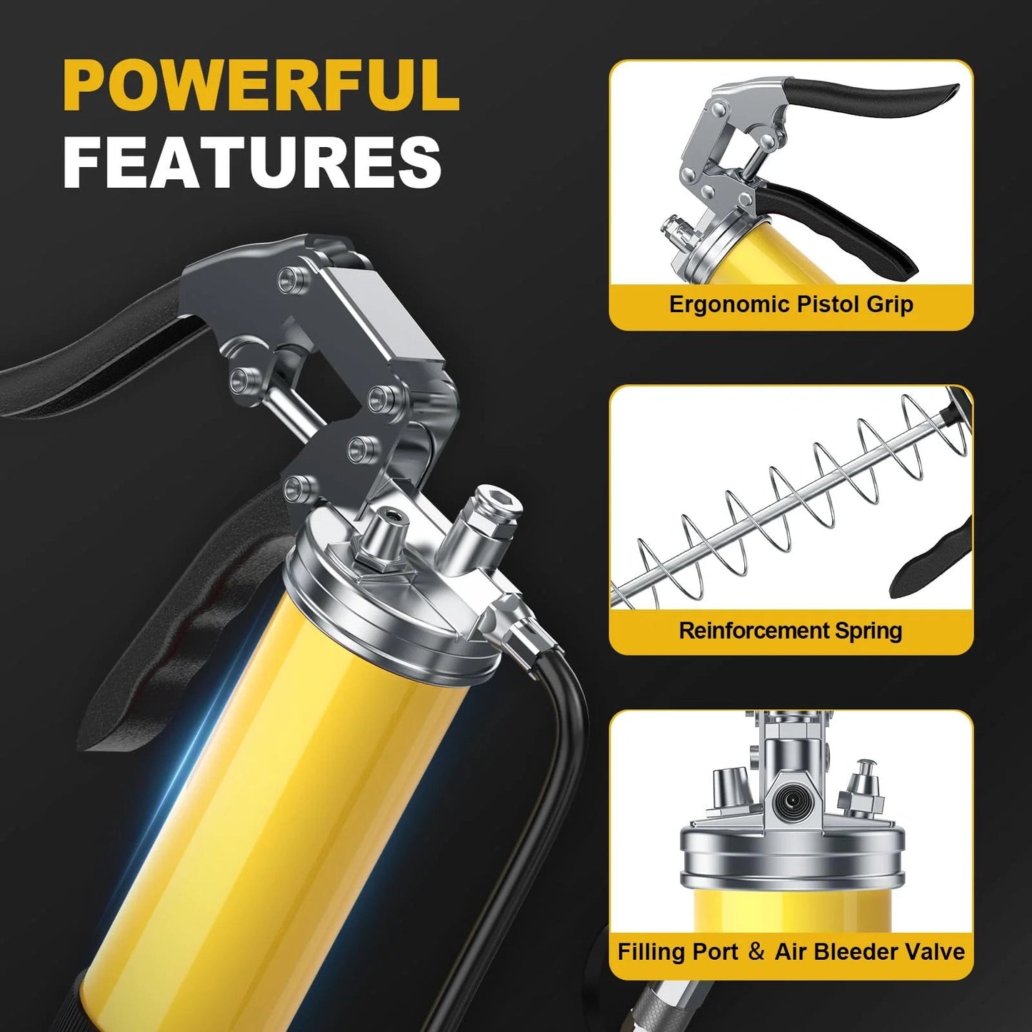 8000 PSI Grease Gun Kit with Leak Proof Pistol Grip and Lock Coupler, 18 Inch Spring Flex Hose, ergonomic grip feature.