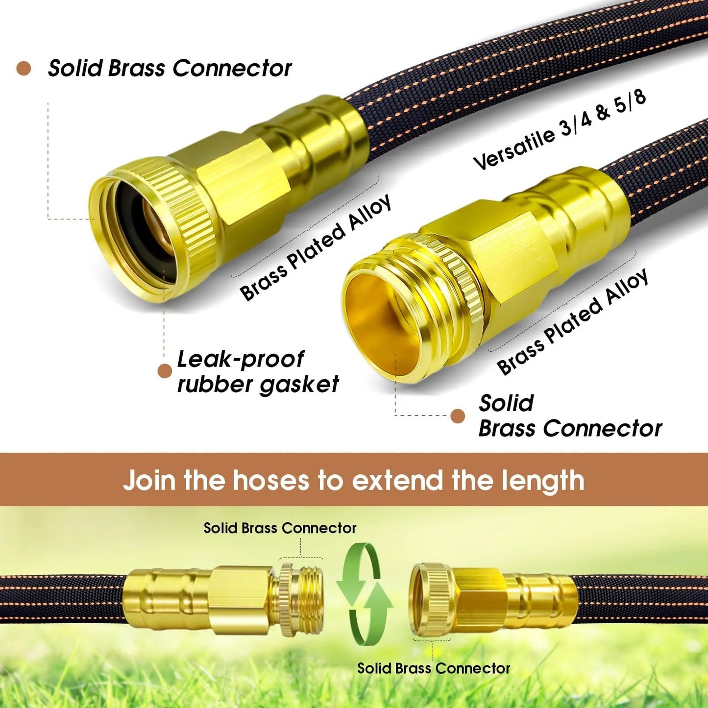 Close-up of 25ft Lightweight Flexible Garden Hose Non Kink With Solid Brass Fittings For Boats RVs And Marine Washdown Leakproof TPE Hose