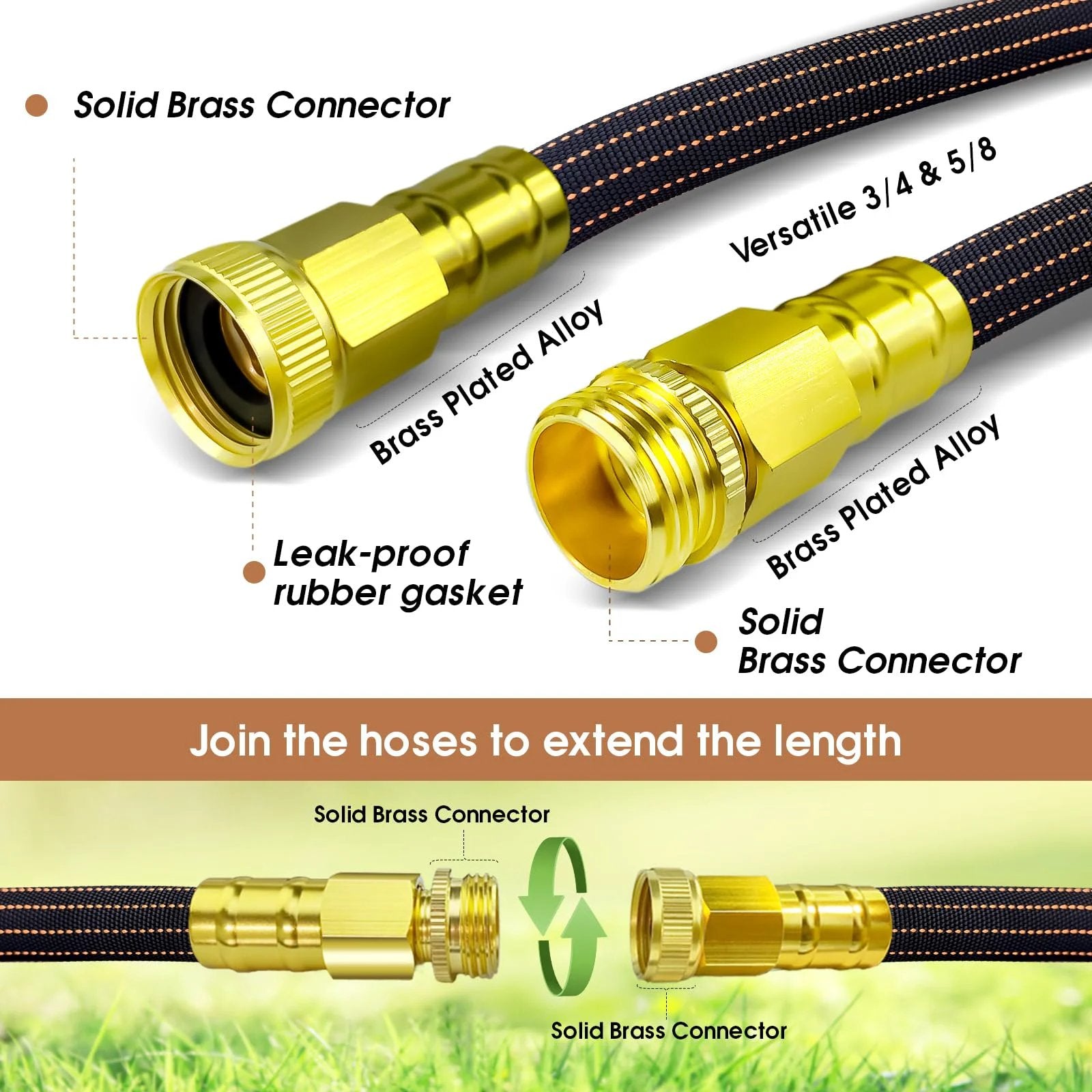 Close-up of 25ft Lightweight Flexible Garden Hose Non Kink With Solid Brass Fittings For Boats RVs And Marine Washdown Leakproof TPE Hose