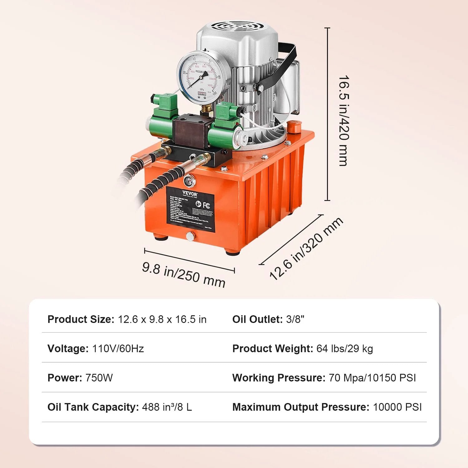 Beefy 10000 PSI Hydraulic Electric Pump With Double Acting 750W Copper Core Motor And 8L Power Pack Cylinder, visible dimensions and specs.