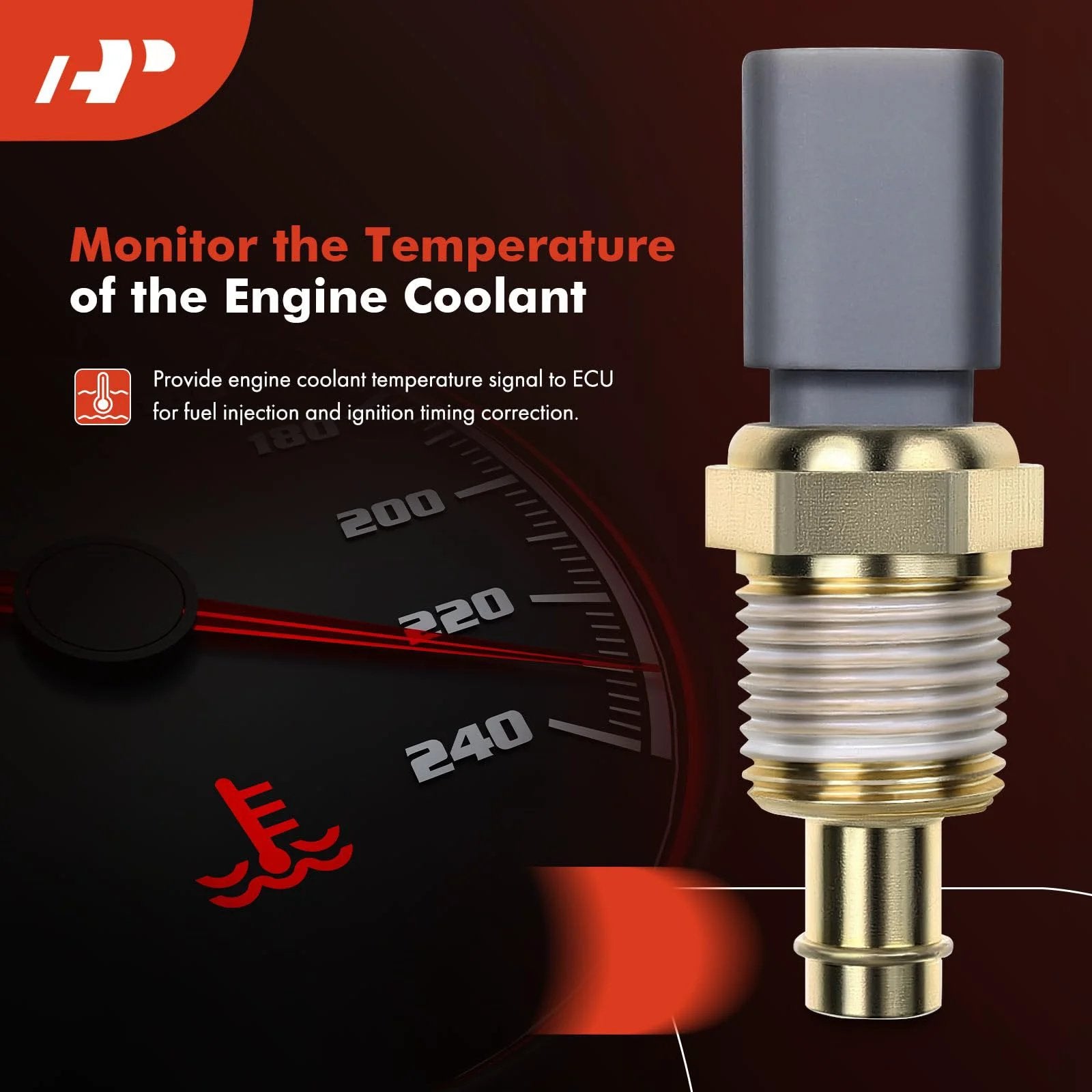 Engine Coolant Temperature Sensor Compatible With Dodge Grand Caravan 08 19 Ram 1500 2500 3500 Challenger Durango Journey Jeep Water Temperature Sensor Replacement By APremium For Chrysler Dodge And Jeep Models, showing a metal threaded component next to a temperature gauge graphic.