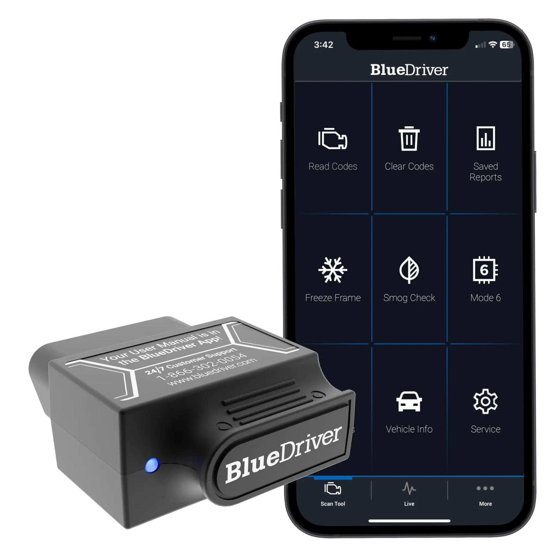 Professional OBD2 Bluetooth Car Scanner For iPhone And Android Read And Clear Codes Diagnose Check Engine ABS SRS Airbag 7000 Plus Vehicle Issues 1996 And Newer No Subscriptions BlueDriver with smartphone app interface