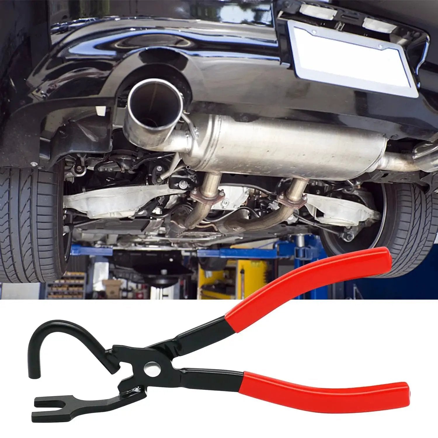 Exhaust Hanger Removal Tool Pliers Compatible With All Exhaust Hangers, steel with red handles, under a car exhaust view.