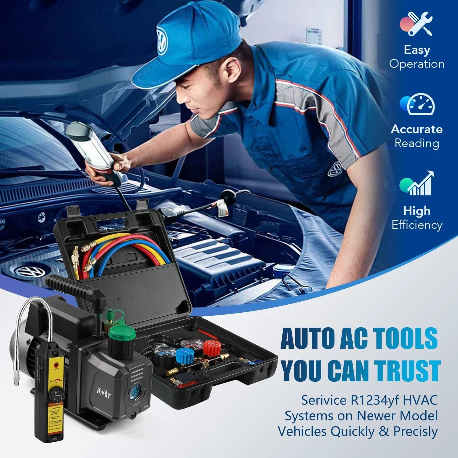 Technician using Powerful 4.5 CFM 1/3 HP Vacuum Pump Auto AC Service Kit With 3 Way R1234yf Manifold Gauge Set Leak Detector