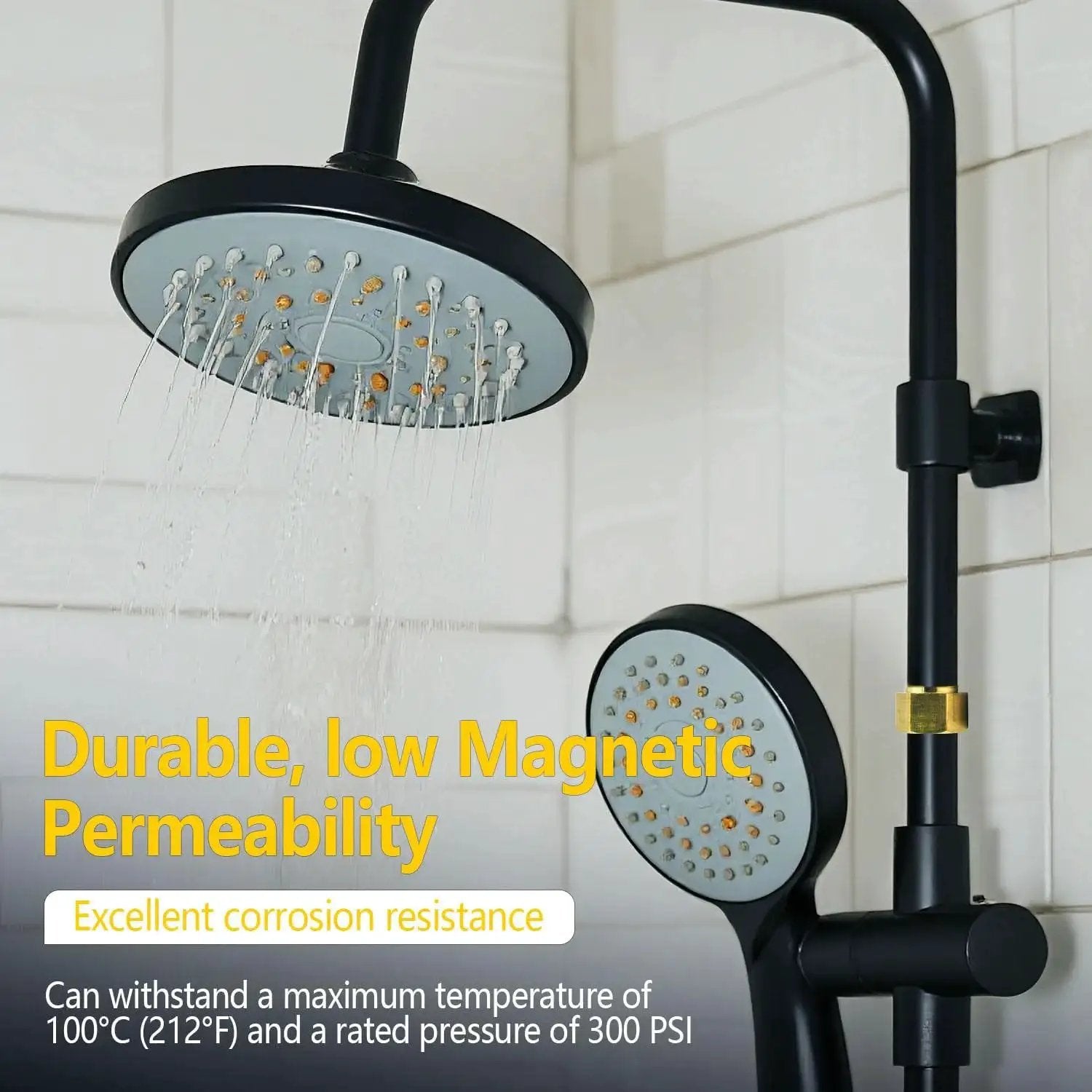 Black shower system with Five Pack Half Inch Brass Extension Adapter Set with rainfall and handheld showerheads