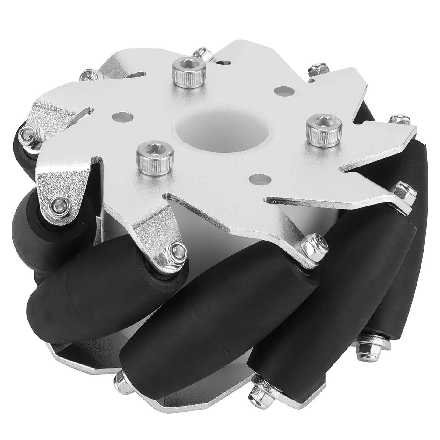 100mm Steel Mecanum Wheels Set For RC Robot Car With Nine Rubber Rollers Per Wheel, side view showing rollers and chassis attachment.