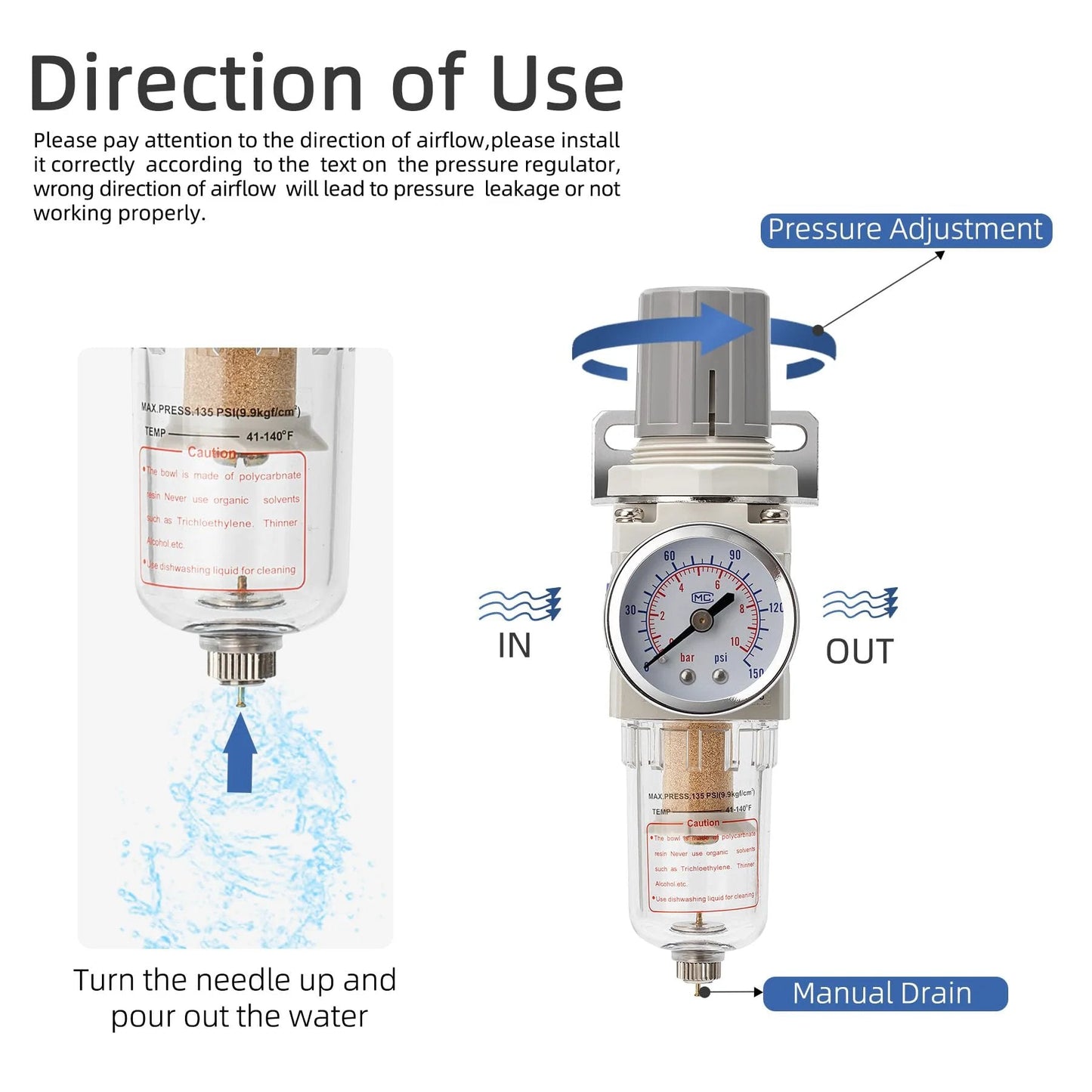 Diagram of Pneumatic Air Compressor Filter Regulator Combo Pro Grade Quarter Inch NPT 150 PSI With Adjustable Gauge 5 Micron Brass