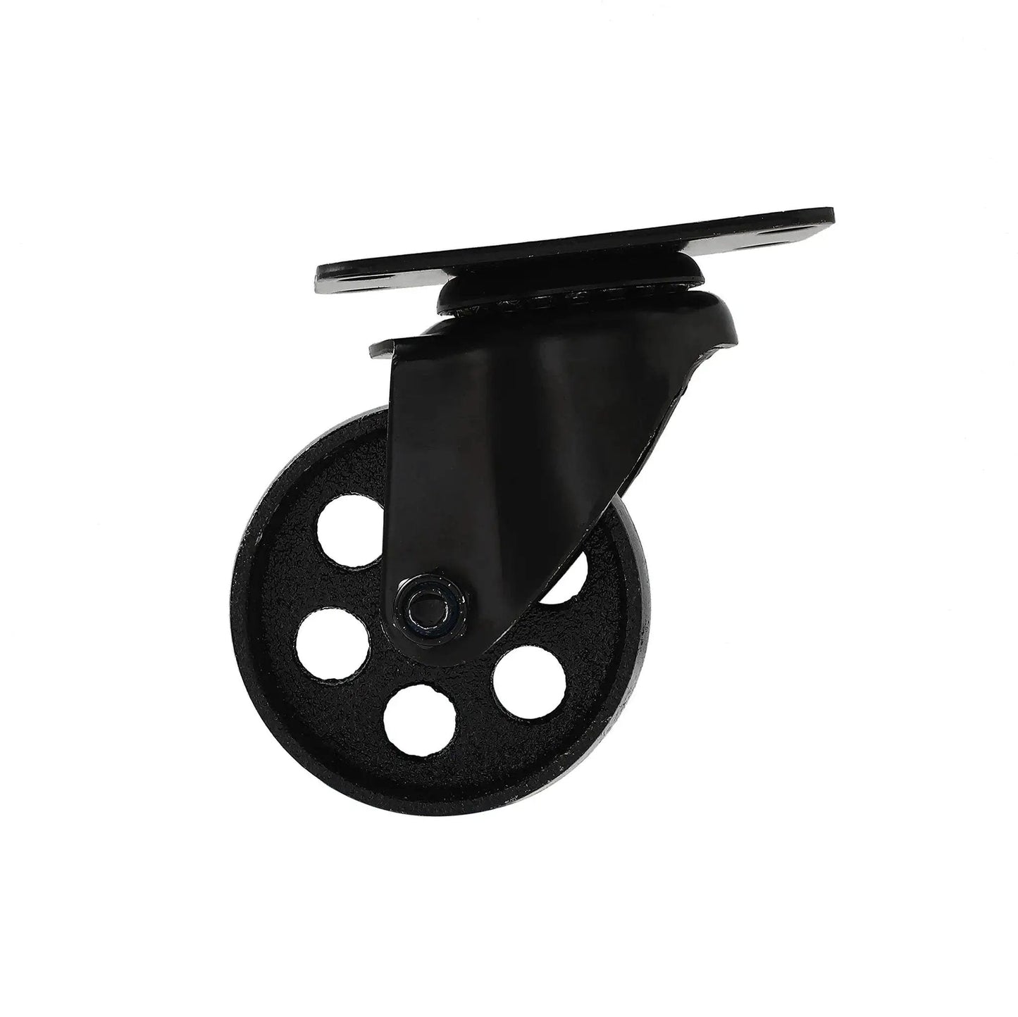 Side view of black iron Heavy Duty Swivel Plate Caster Wheel, 3-inch diameter, no brake, high gauge steel for industrial use by FactorDuty