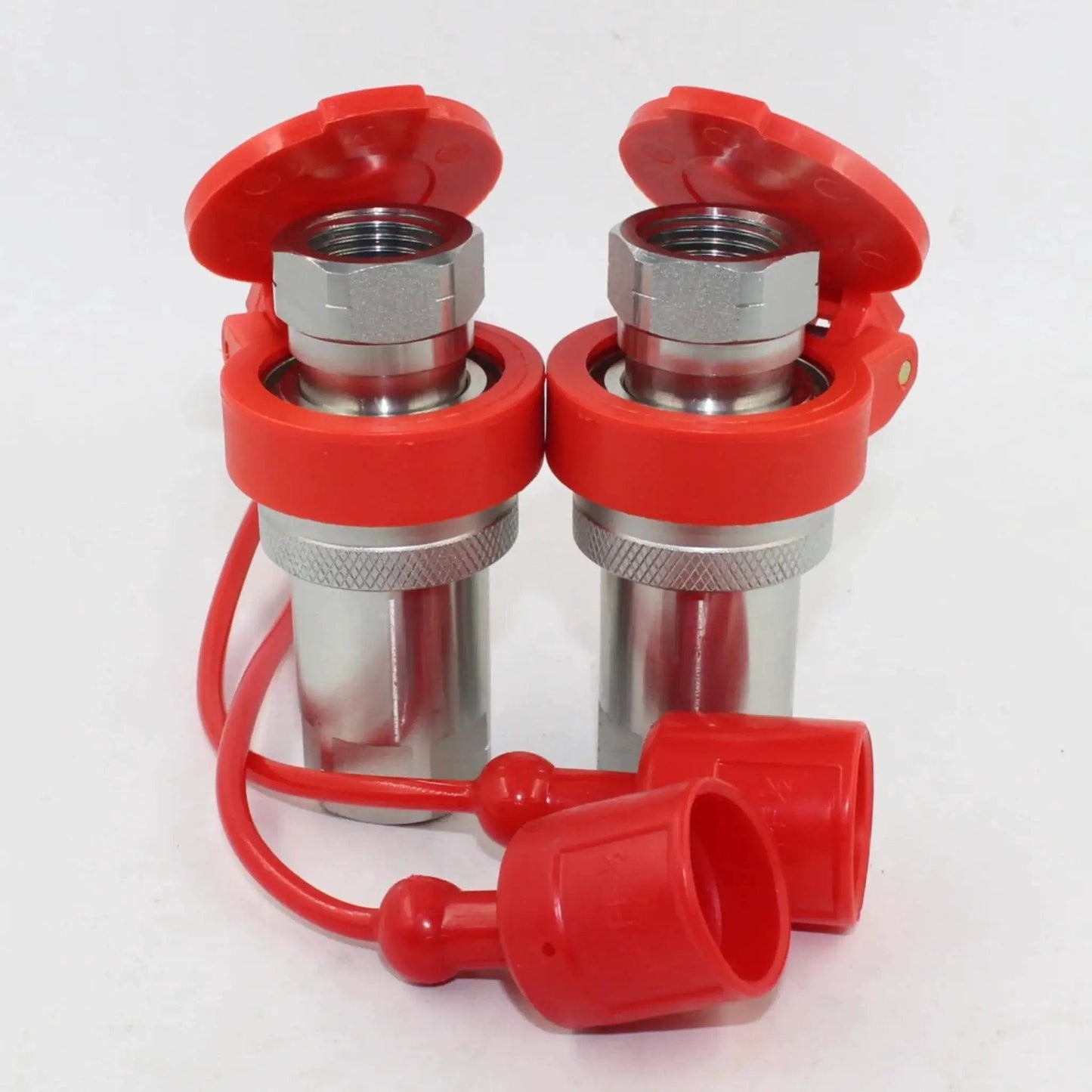 Half Inch Ag Hydraulic Tractor Quick Connect Couplers Set With Red Dust Caps, ISO7241-1A ISO5675, shown with red caps open