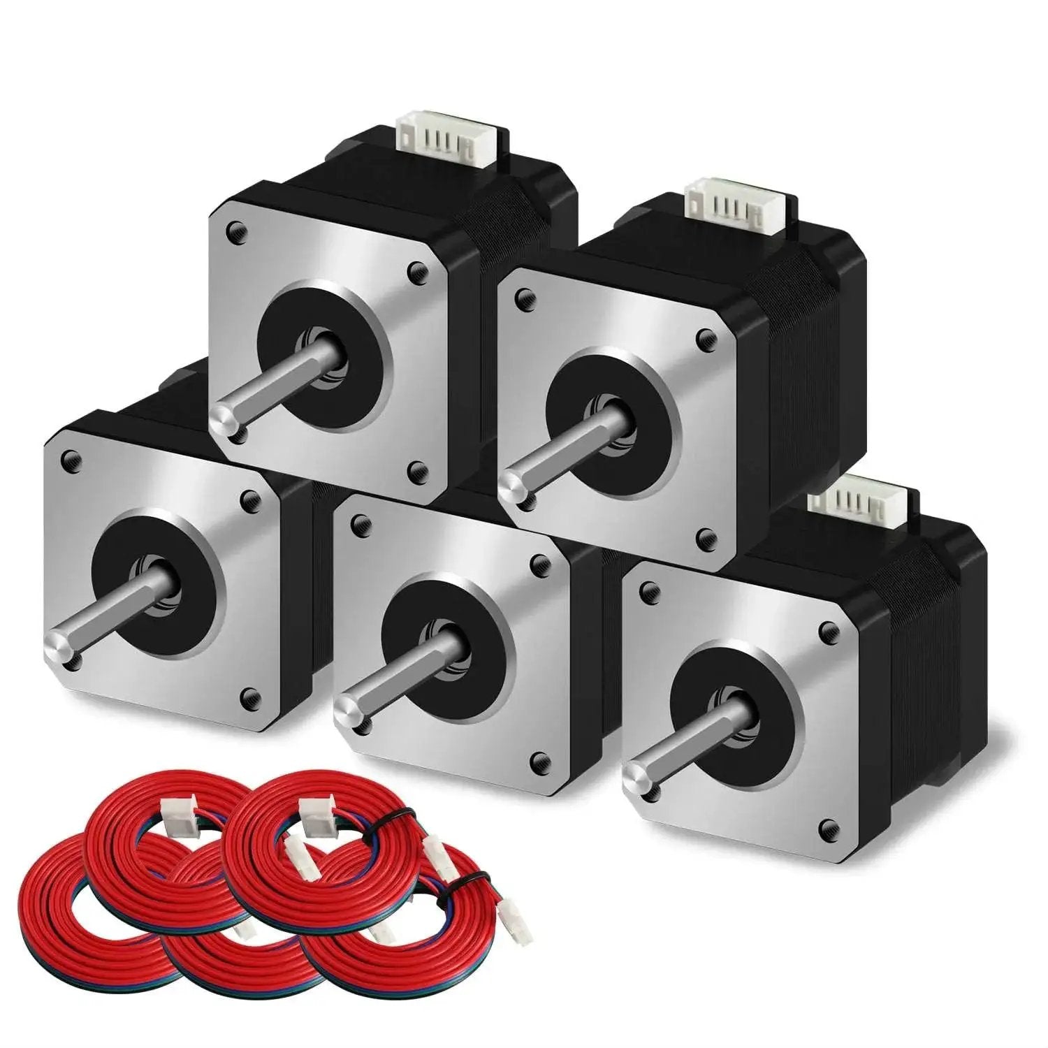 5 Pack Nema 17 Stepper Motors 42x40mm For 3D Printers And CNC Extruders With 39.3 Inch Cable, 1.5A 2Phase 4 Wires, shown with cables.
