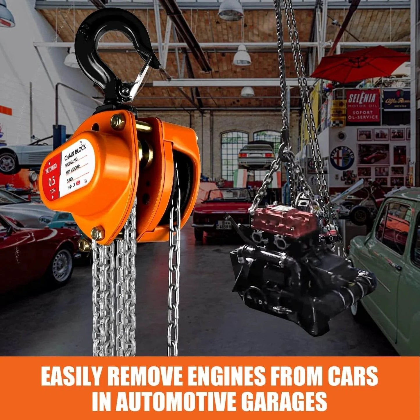 Half Ton Manual Chain Hoist With 10 Ft Lift And 1100 Lb Capacity Dual Hooks Industrial Grade in a garage lifting engine
