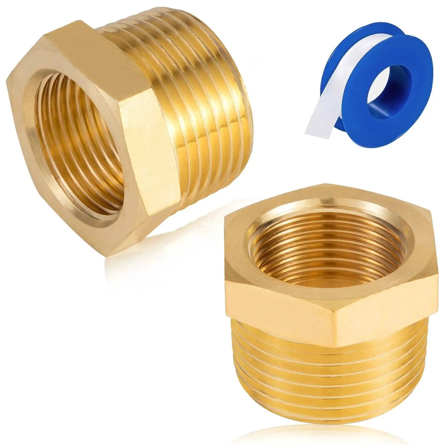 Brass NPT Reducer Bushing Three Eighth Inch Male To One Quarter Inch Female Adapter Set With Teflon Tape, durable brass fittings
