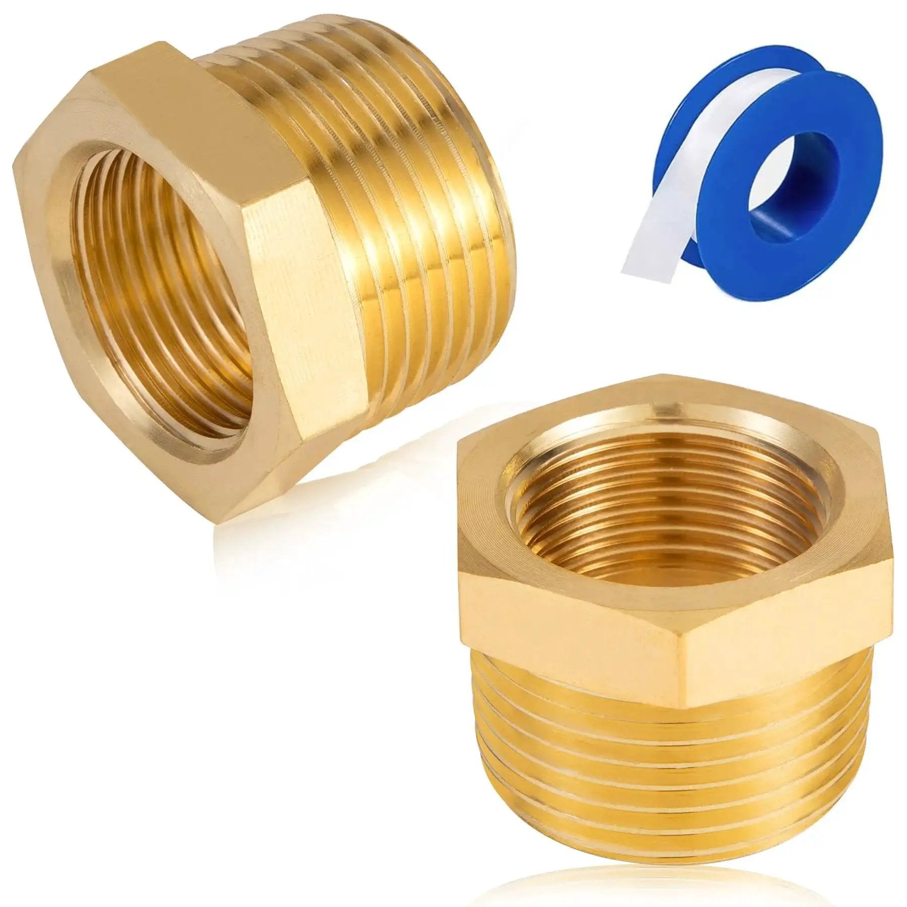 Brass NPT Reducer Bushing Three Eighth Inch Male To One Quarter Inch Female Adapter Set With Teflon Tape, durable brass fittings