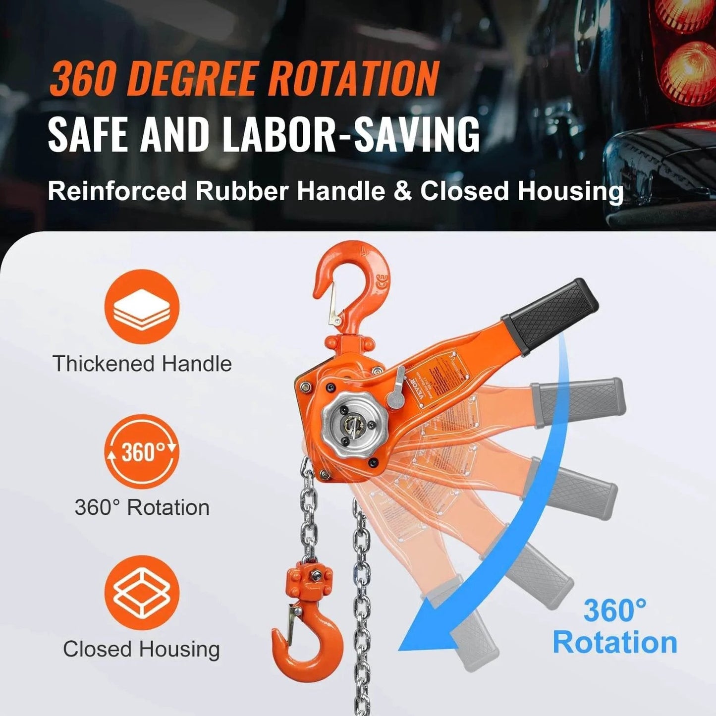 Manual Lever Chain Hoist 0.75 Ton 1650 Lbs 10 Ft Come Along Weston Double Pawl Brake with 360 degree rotation feature.