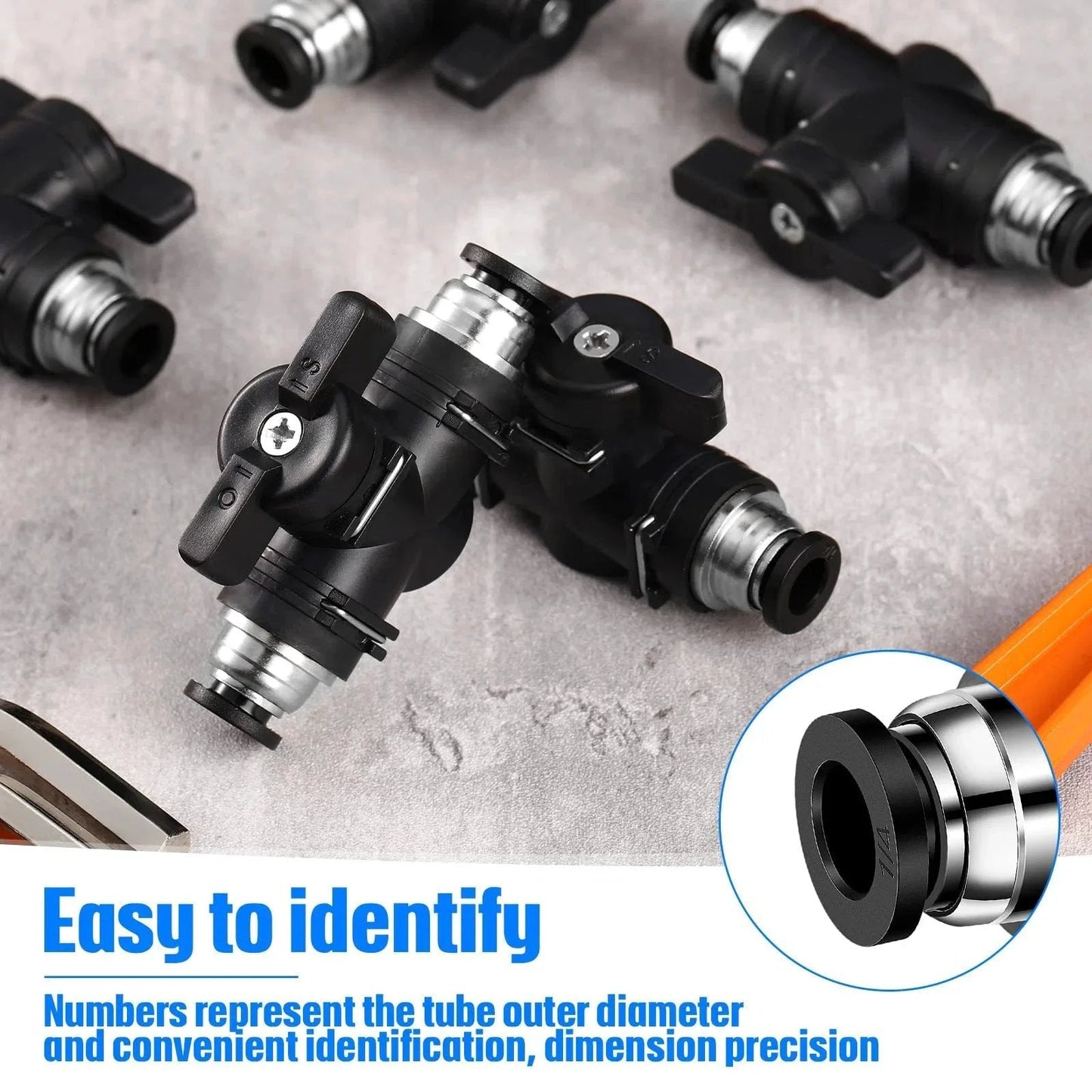 Five Pack Push To Connect Pneumatic Ball Valves One Quarter Inch OD Quick Connect Air Fittings PVC Air Line Hose Fittings Built Tough With Durable Plastic Copper For Easy DIY Pneumatic Projects shown from top view, highlighting easy identification feature.