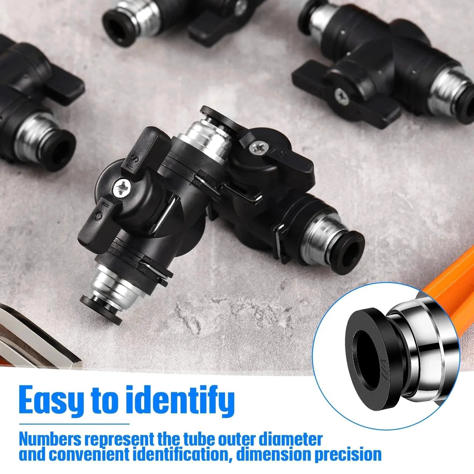 Five Pack Push To Connect Pneumatic Ball Valves One Quarter Inch OD Quick Connect Air Fittings PVC Air Line Hose Fittings Built Tough With Durable Plastic Copper For Easy DIY Pneumatic Projects shown from top view, highlighting easy identification feature.