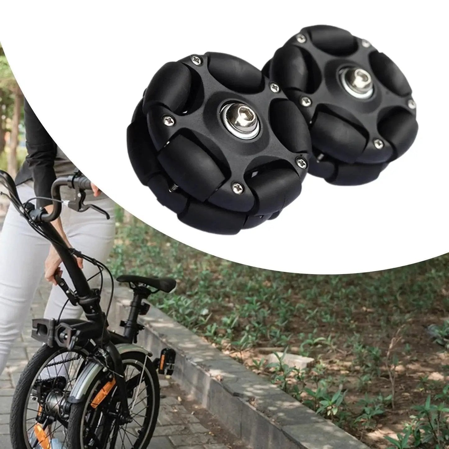 Omni Directional 58mm Folding Bicycle Rear Wheel Set for outdoor modding, shown close-up with installed view featuring roller wheels.