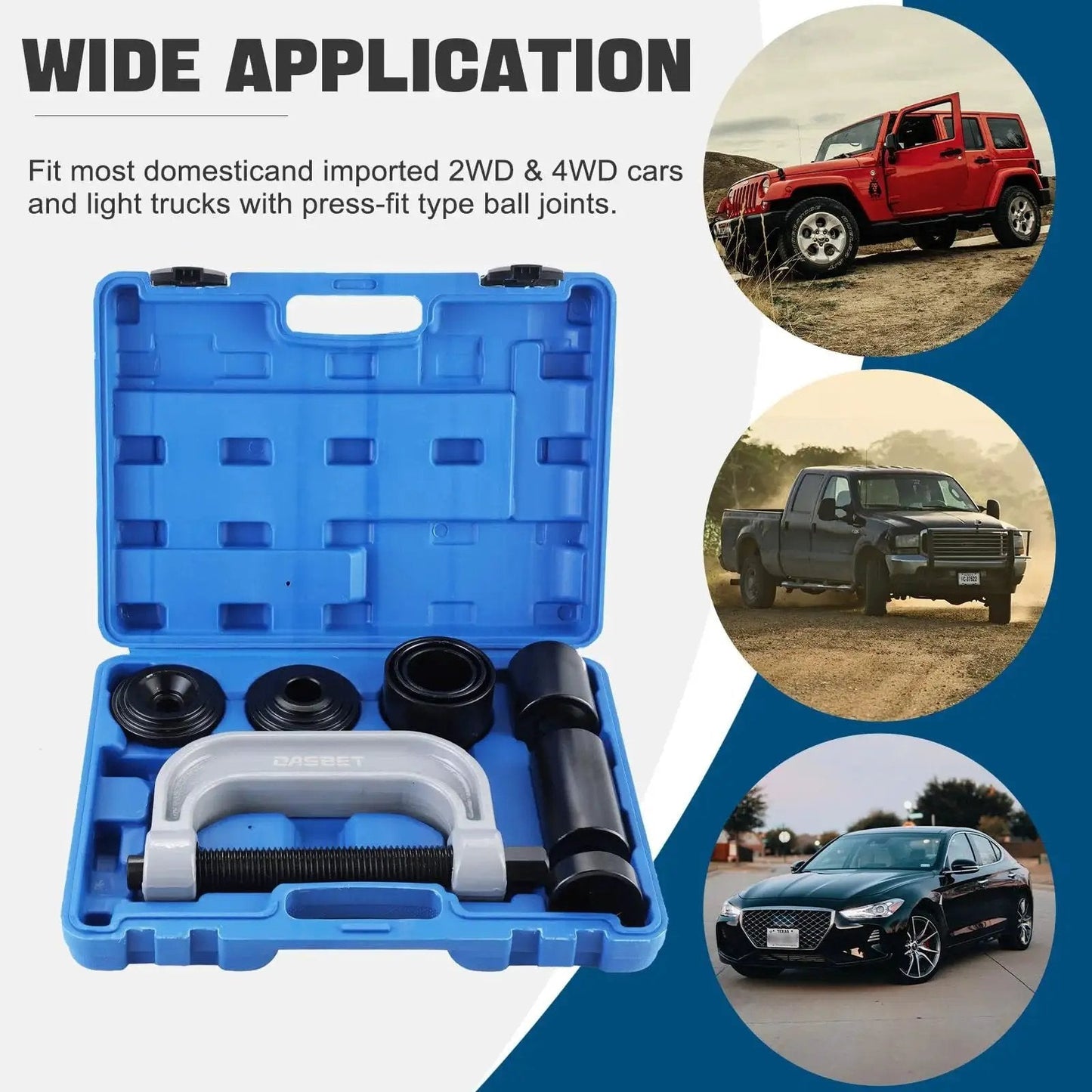 Ball Joint Press Kit Heavy Duty U Joint Tool Bushing Fits Cars Trucks 10 Piece in blue case with tool components, includes C-frame and adapters.