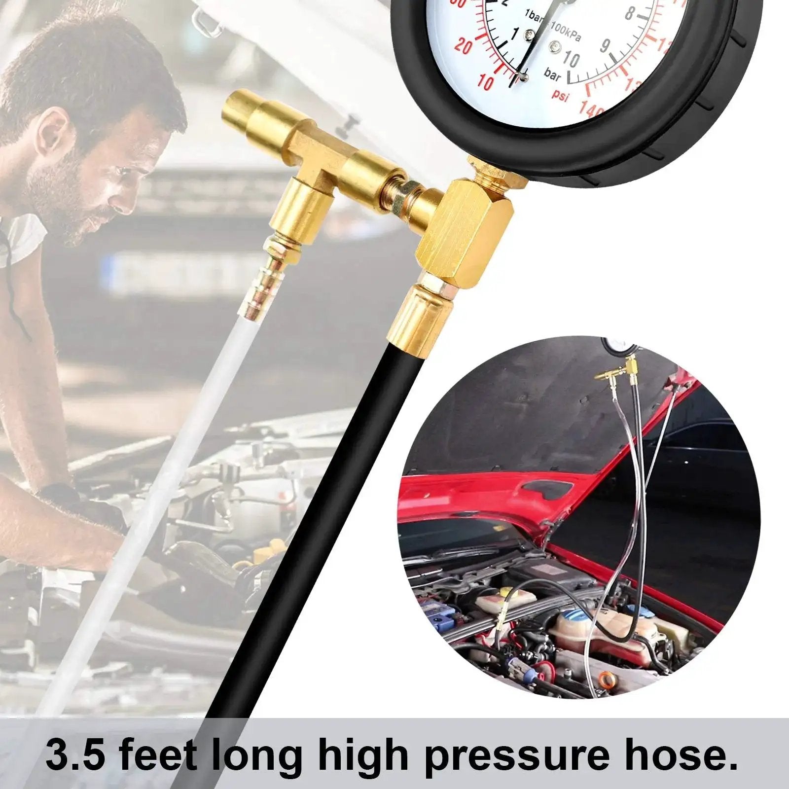 Deluxe Fuel Injection Pressure Tester Kit With Dual Dial Gauge 0 To 140 PSI showing gauge close-up and hose connection to car