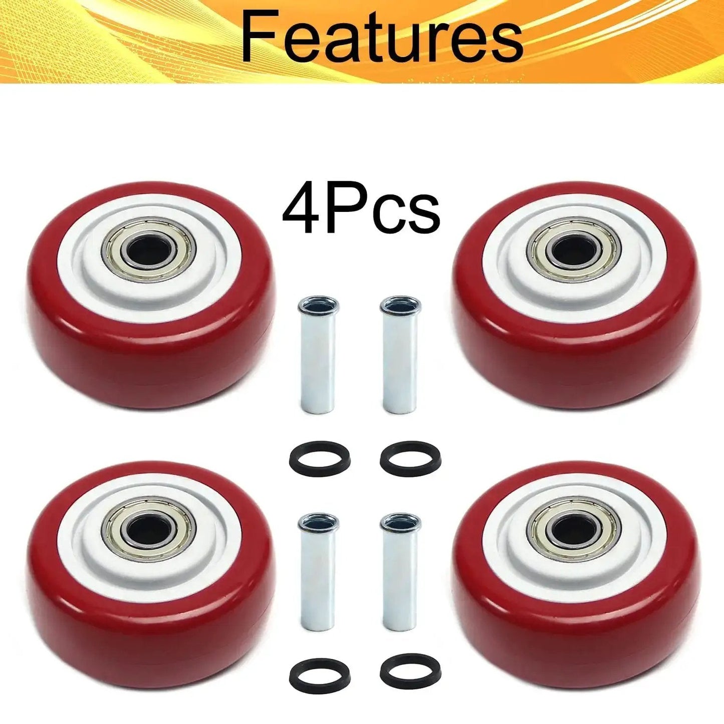 4 Pack 3 Inch PU Caster Wheels With 3 By 8 Bore Heavy Duty Plate Casters For Platform Trucks And Trolleys, 75mm diameter, red wheels