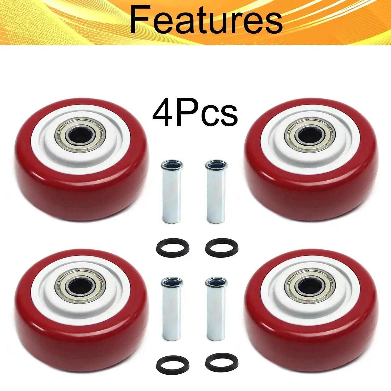 4 Pack 3 Inch PU Caster Wheels With 3 By 8 Bore Heavy Duty Plate Casters For Platform Trucks And Trolleys, 75mm diameter, red wheels