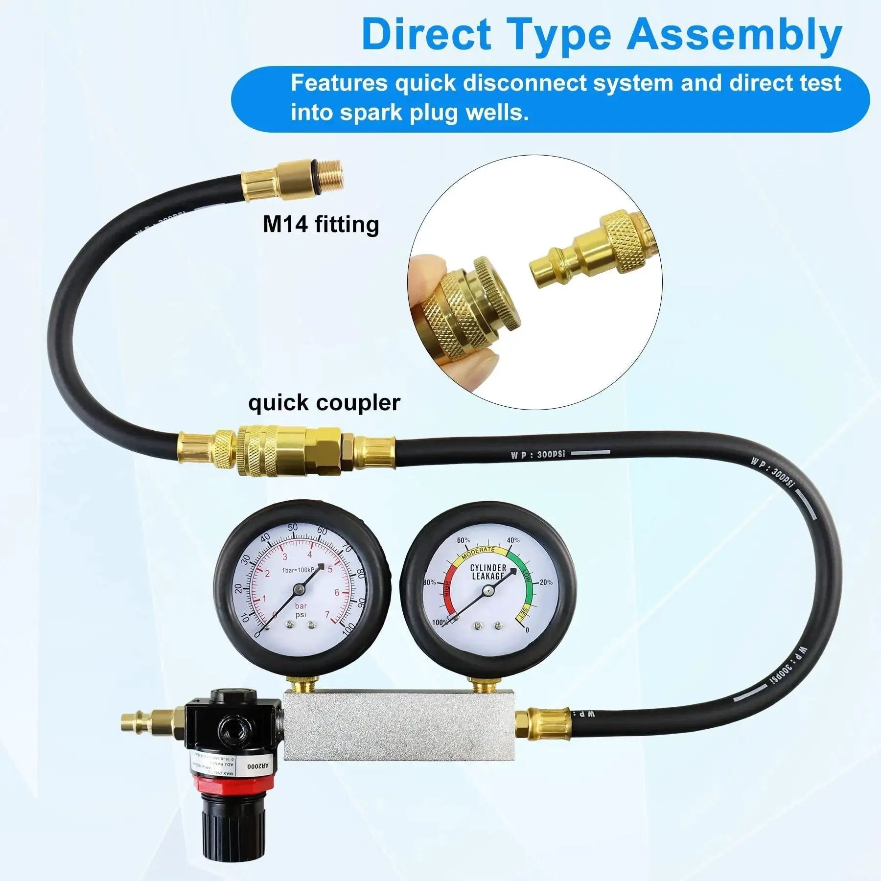 Leak Down Tester Kit With Dual Pressure Gauges For Gasoline Engines By JoyFans, showing M14 fitting and quick coupler