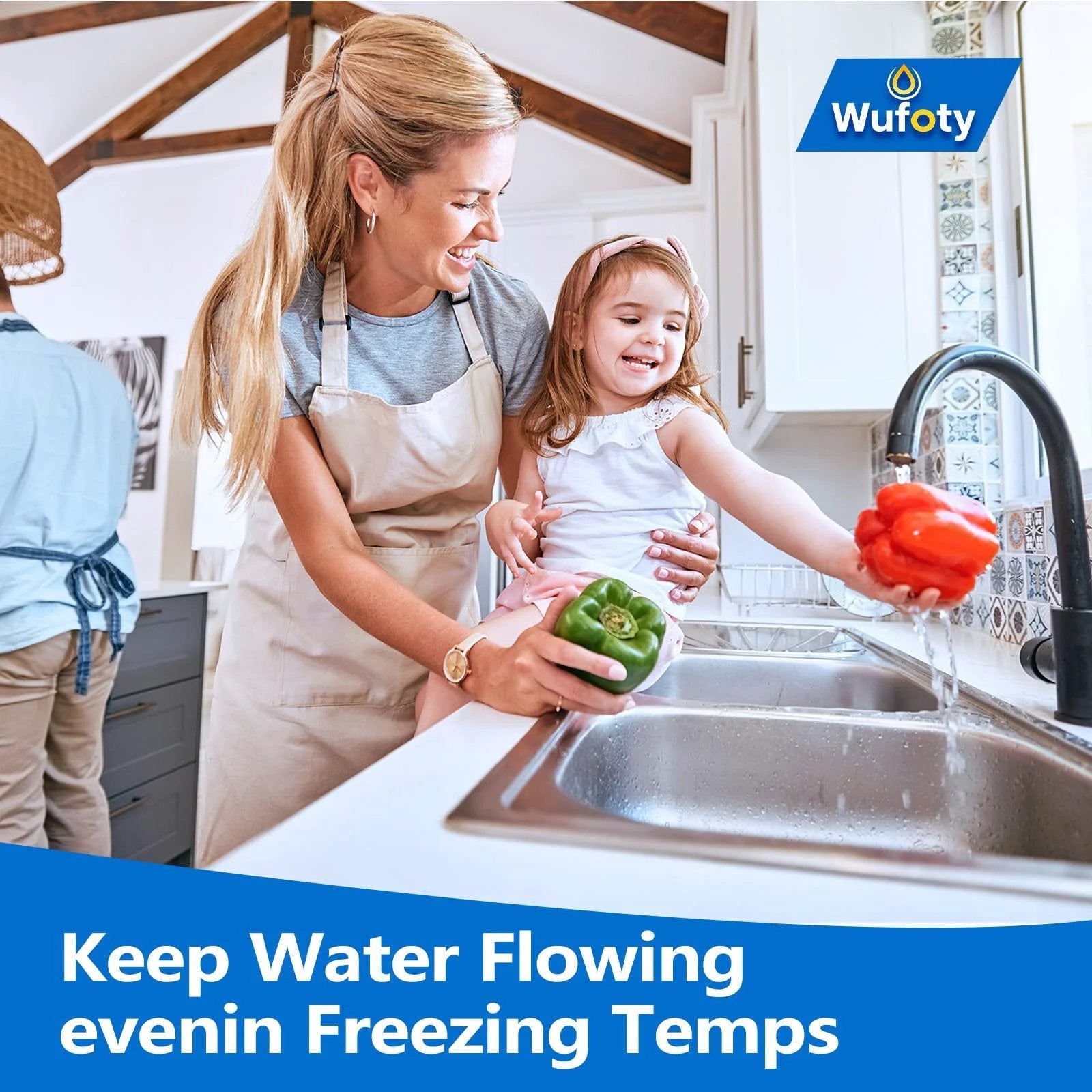 Woman and child using kitchen sink, promoting Heated Water Hose For RV And Camping 15 Ft With 0.5 Inch Inner Diameter Anti Freezing To Minus 47F Drinking Water Safe Hose Built For Trails Campers Farms Livestock And Outdoor Adventures Wufoty.