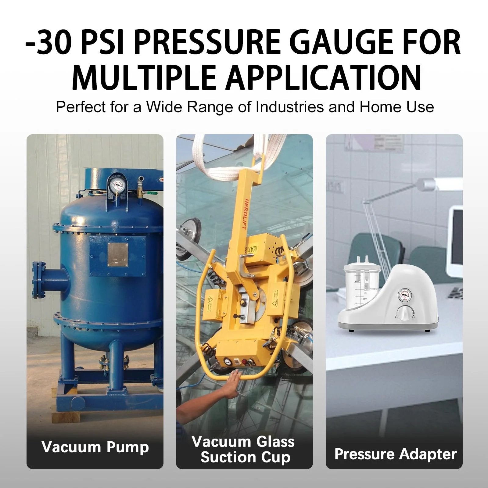 -30 PSI pressure gauge with vacuum pump, glass suction cup, and pressure adapter