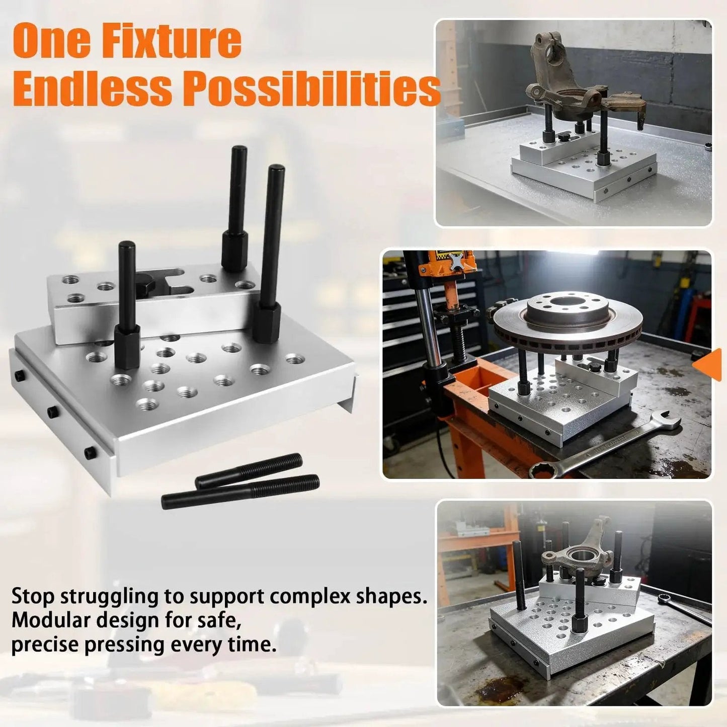 Universal 30 Ton Bearing and Bushing Press Fixture Kit with aluminum plate used in hydraulic shop press for wheel hub repair.