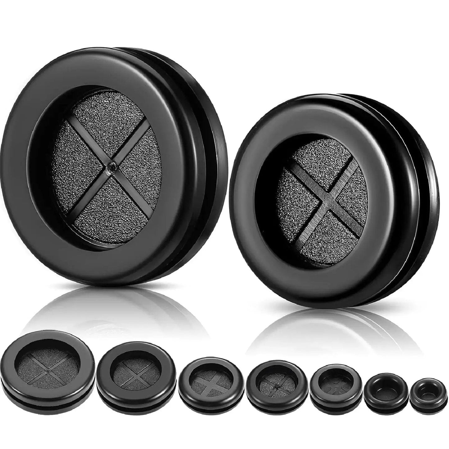 Round Rubber Grommet Kit 52 Pieces In 7 Sizes Black for electrical cable protection and wire seals, front view of assorted grommets