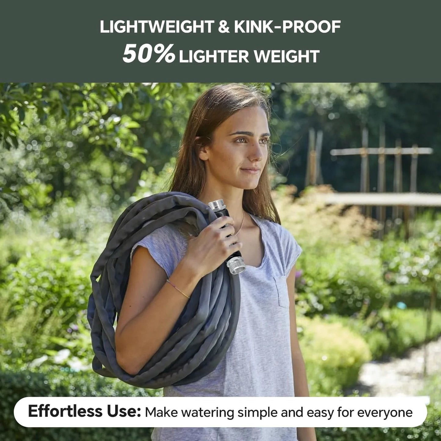 Woman holding Ultra Lightweight 75ft Non Expanding Garden Hose With Kink Free High Pressure Performance in garden setting.