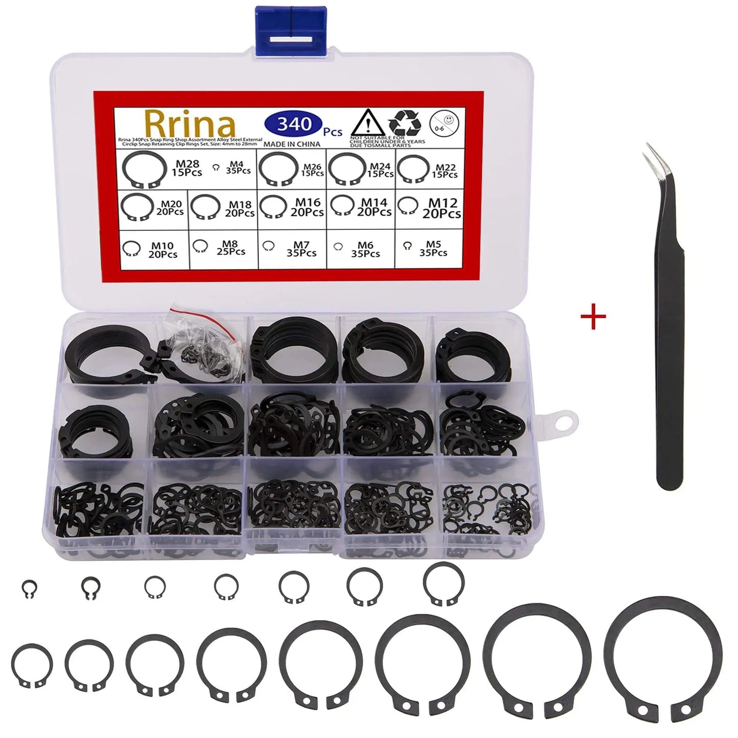 340Pcs Snap Ring Kit External Circlip Retaining Clip Rings Set Alloy Steel 65Mn 15 Sizes From 4mm To 28mm in box with tool