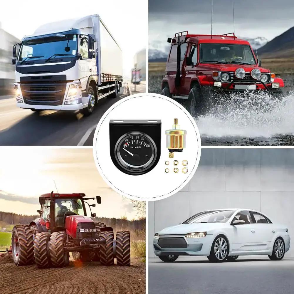 Two Inch Oil Pressure Gauge Kit 0 To 100 PSI For Universal Cars DC12V with Sensor and Mount Frame, shown with vehicles including truck and tractor.