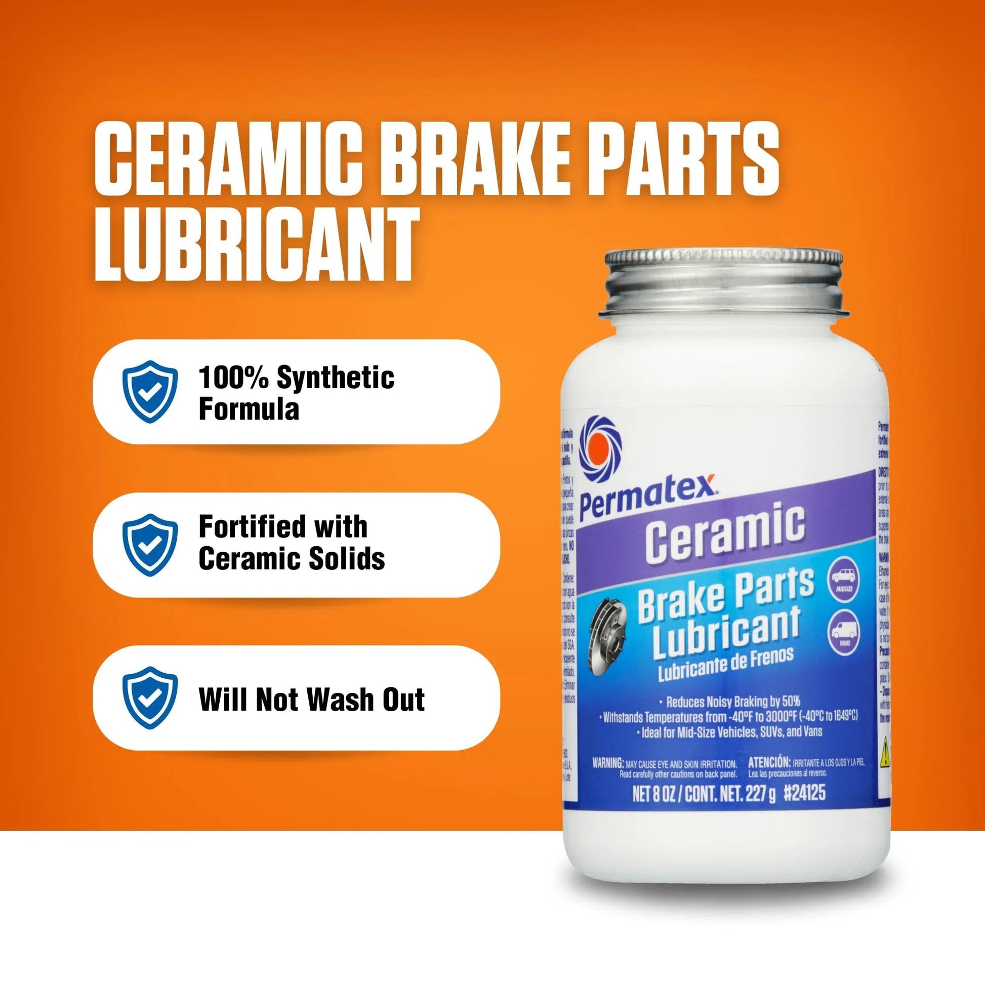 Ceramic Extreme Brake Parts Lubricant For Disc And Drum Systems, 8 Oz From Permatex bottle with product features.
