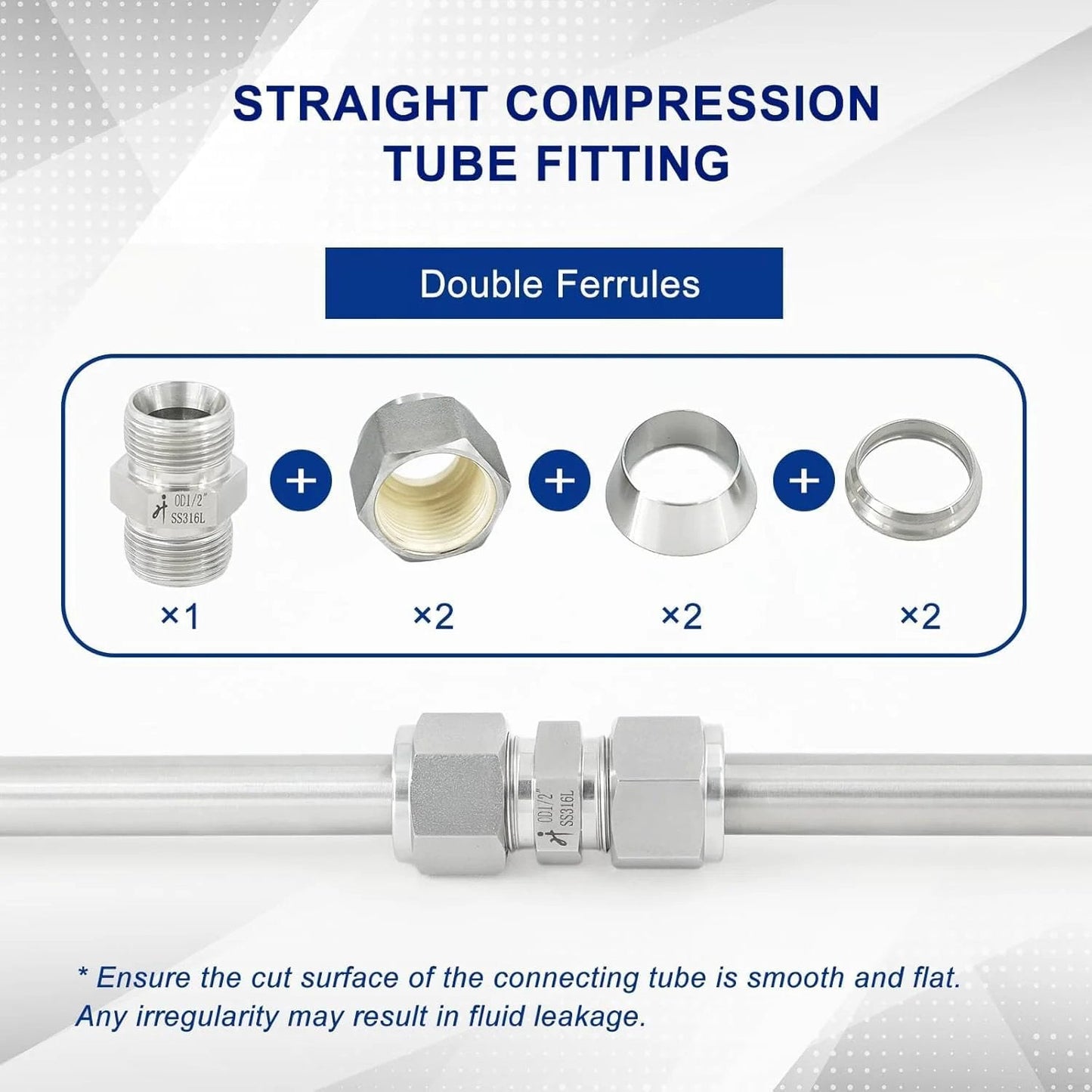 316 Stainless Steel Compression Tube Fitting 8mm OD x 8mm OD Straight Union Adapter Connector With Double Ferrules diagram and parts