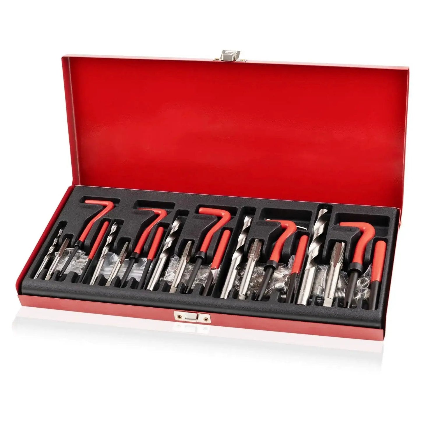 Open red box displaying Helicoil Thread Repair Kit 131Piece Metric Set For M5 M6 M8 M10 M12 Automotive, tools neatly organized