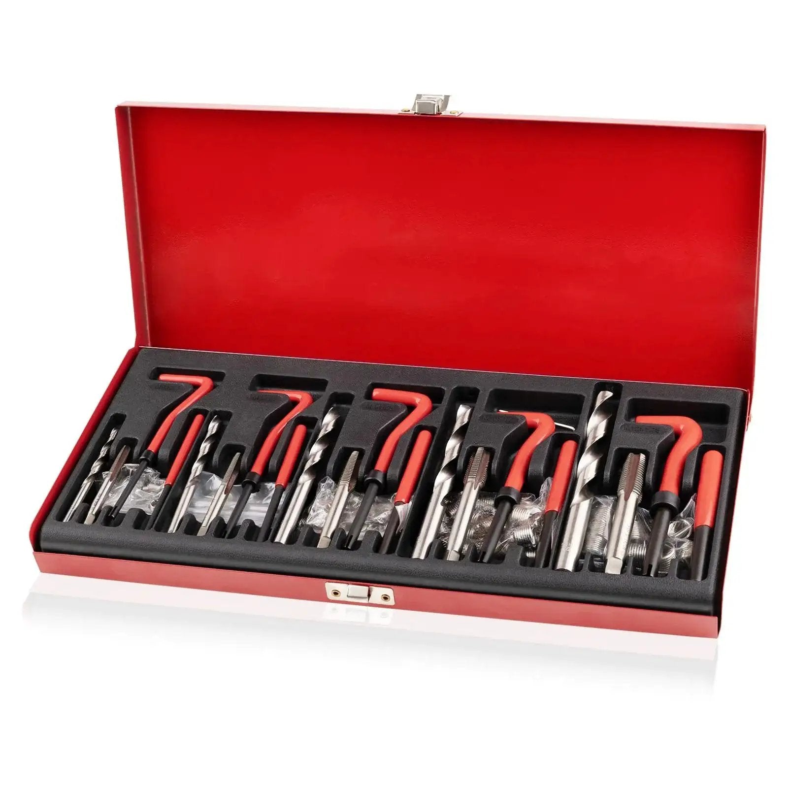 Open red box displaying Helicoil Thread Repair Kit 131Piece Metric Set For M5 M6 M8 M10 M12 Automotive, tools neatly organized