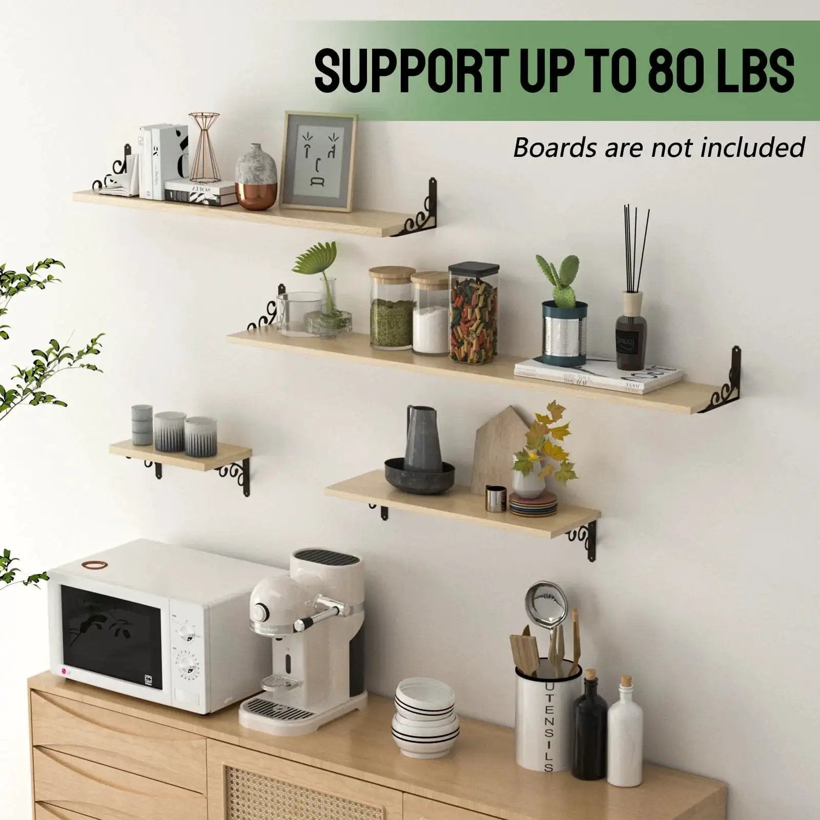 Room with wooden shelves mounted using L Shaped Shelf Brackets For 8 To 10 Inch Boards Heavy Duty Metal Floating Shelf Brackets Black 6 Pack