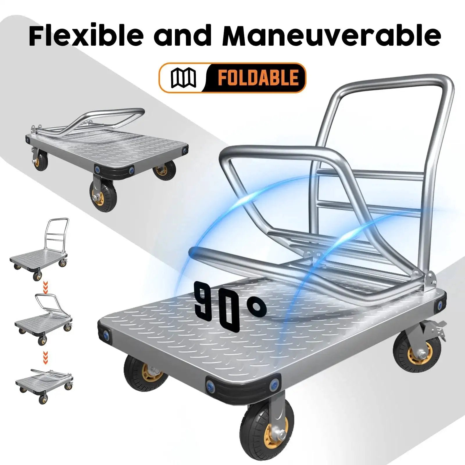 Heavy Duty Platform Truck And Flat Moving Cart With 2000 Lbs Capacity Steel Push Cart Dolly, foldable design shown