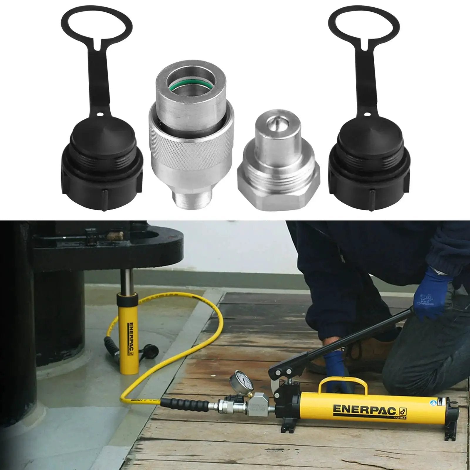 Three Eighths Inch Hydraulic Quick Coupler Set That Replaces Enerpac C604 And Parker 3000 Series, Up To Ten Thousand PSI, shown with dust caps and hose setup