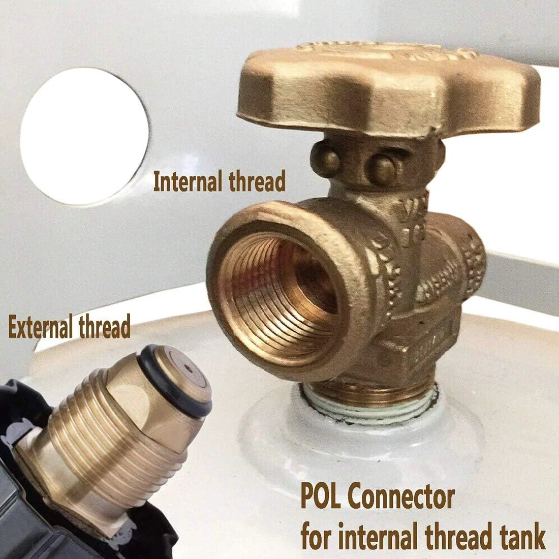 POL connector for internal thread tank with external thread adapter, part of High Pressure Propane Regulator with Gauge and 12 Ft Hose.